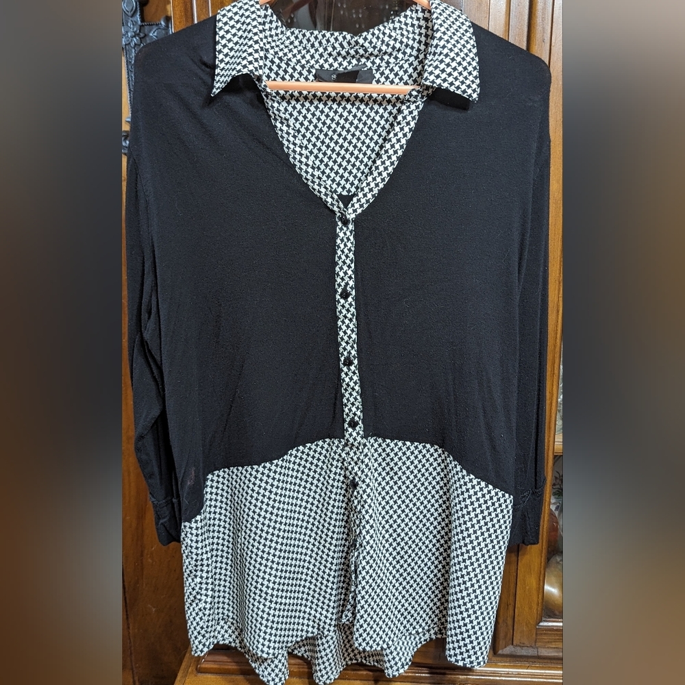 Style & Co. Button Up Blouse, Size XL, Black & White, Roll Up Sleeves